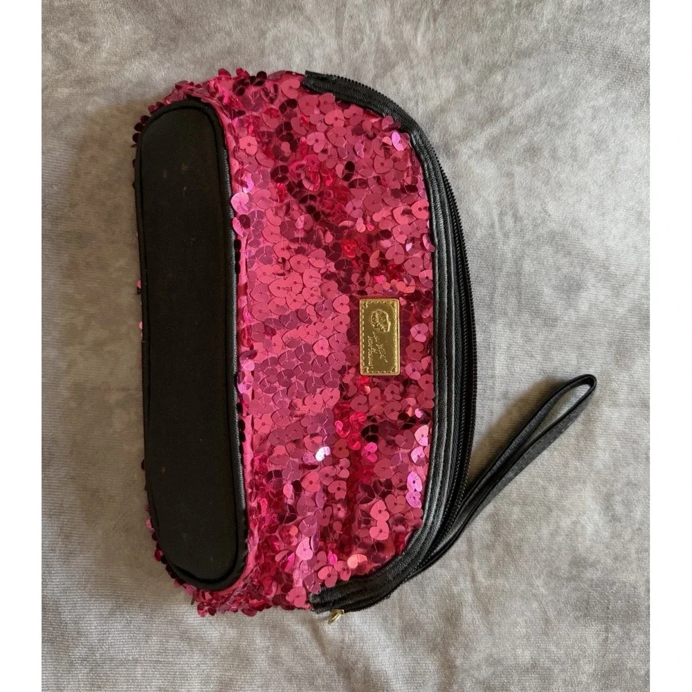 Lipsticker Pink & Black Sequin Zipper Makeup Bag with Wrist Strap